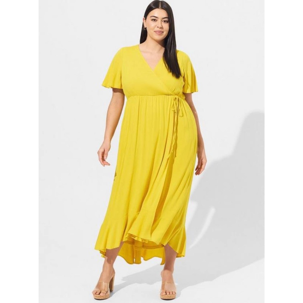 Torrid Womans Yellow Solid Rayon Slub Surplice Maxi Wrap Dress Size 0X NWT - Picture 1 of 3